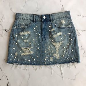 Zara Trafaluc Pearl Distressed Denim Skirt Medium